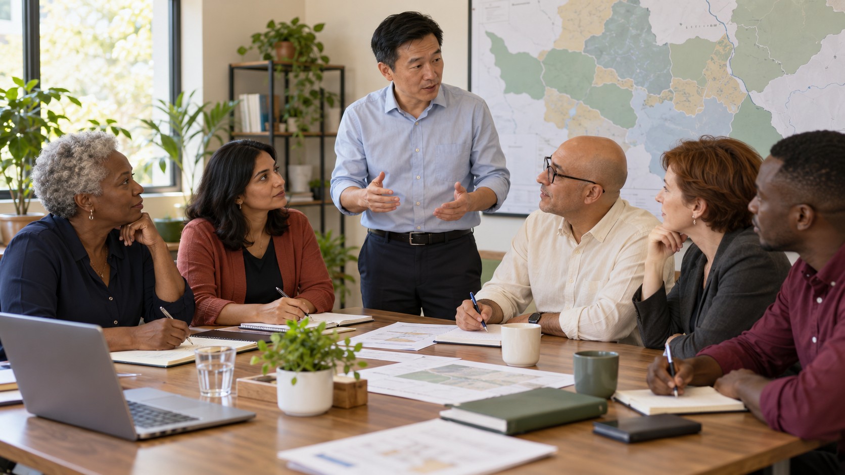 Illustrative scene: a humanitarian coordination meeting