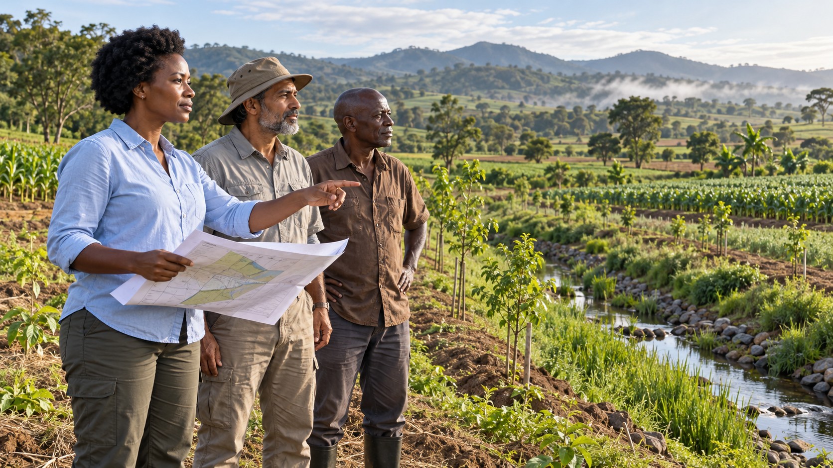 Illustrative scene: specialists discussing climate preparedness in an agricultural landscape