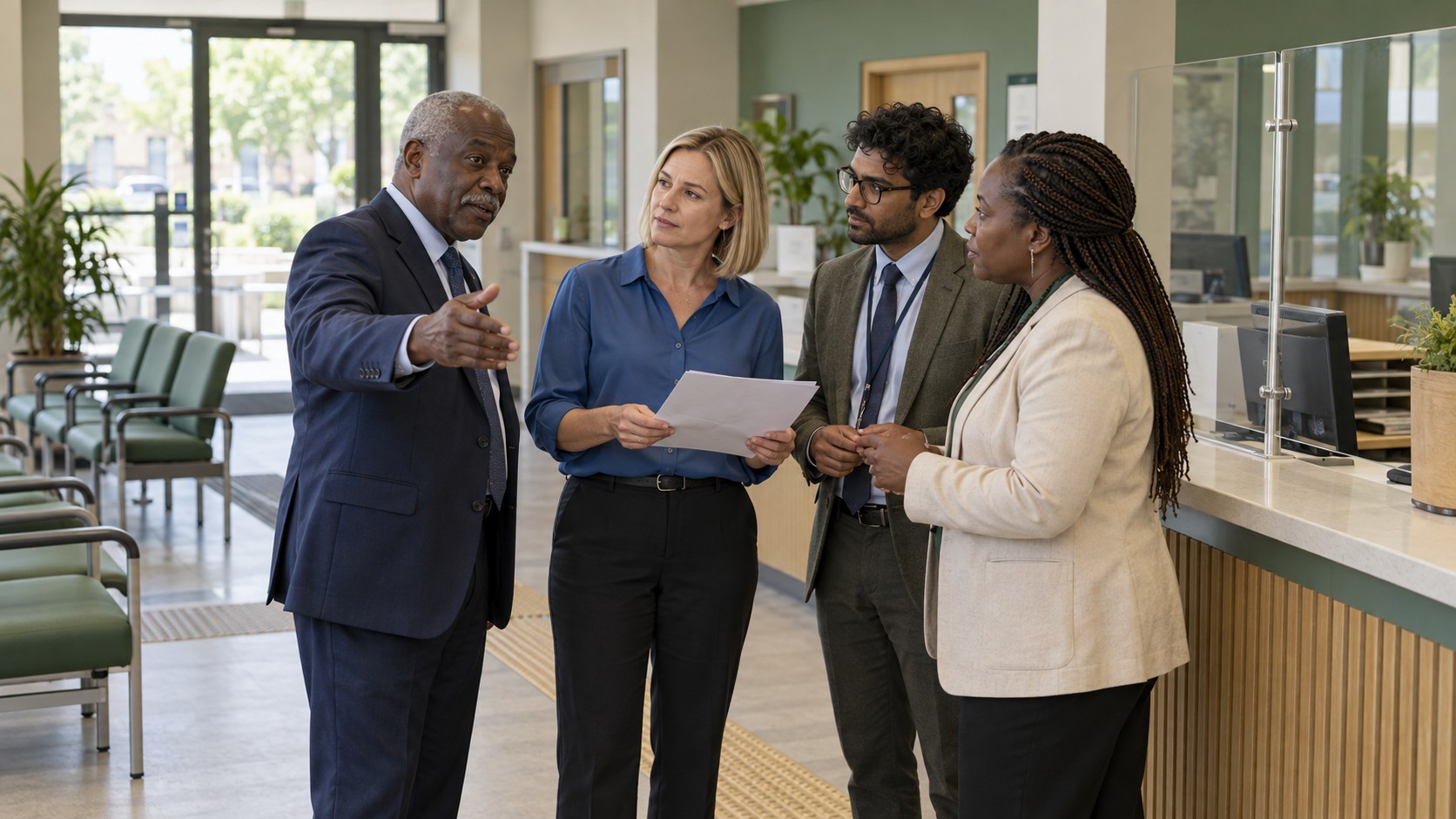 Illustrative scene: advisers and public-service officers discussing service delivery