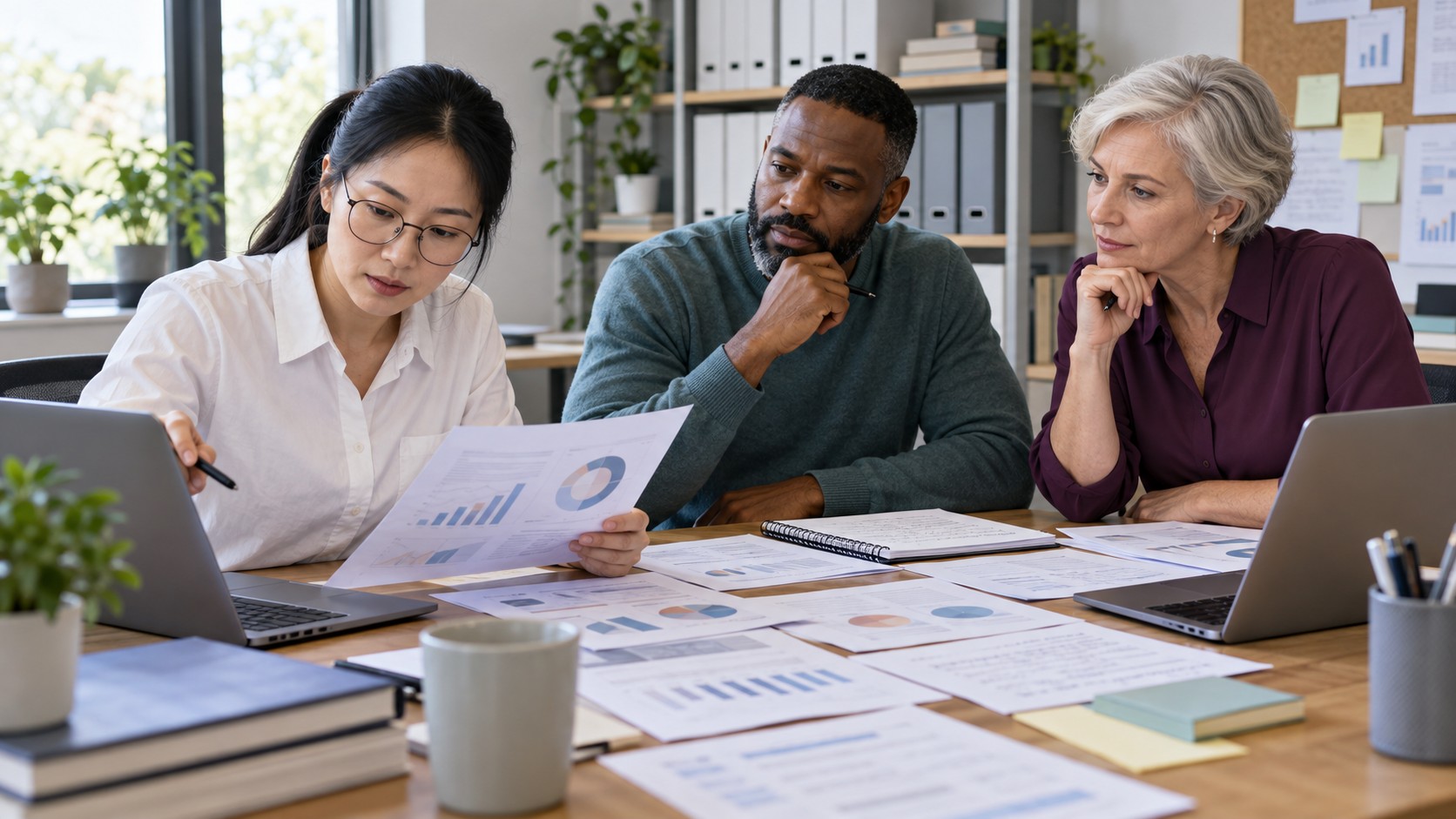 Illustrative scene: researchers reviewing survey findings
